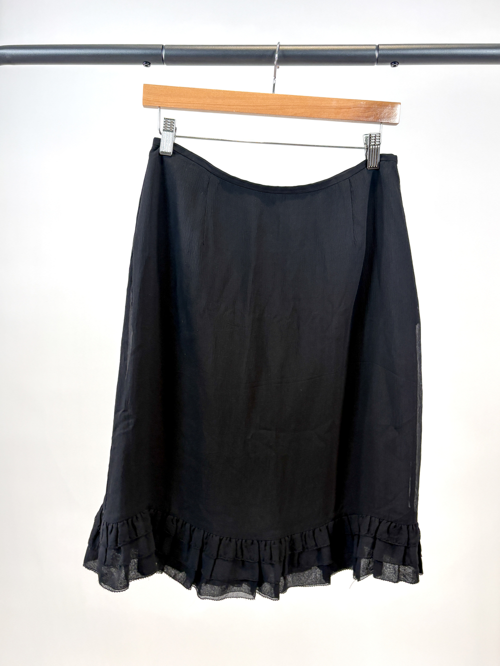 PF-1007 Vintage Ann Taylor Black Business Ruffle Midi Pencil Skirt